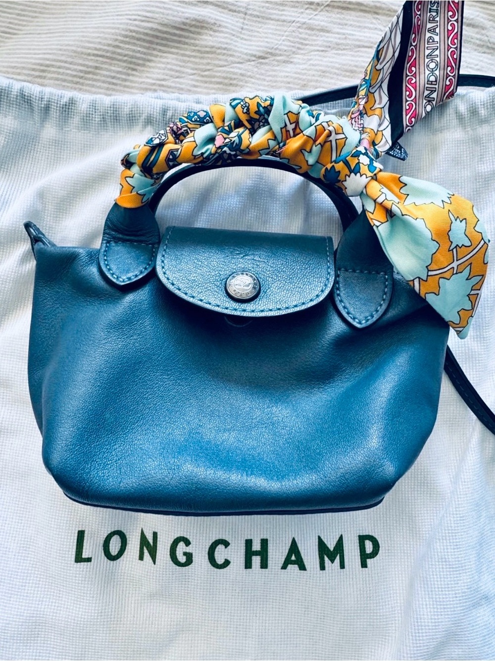 Longchamp Teal Mini Top-Handle Bag with Printed Scarf Accent